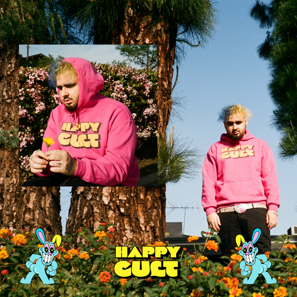 'happy cult' pink hoodie